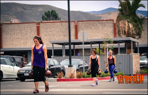200m Kettlebell (35lbs) Farmer's Walk. Front to back, Chloe, Kellie and Bonnie